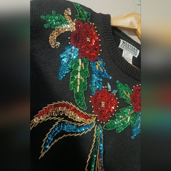 Vinatge Western Collection Black Sweater Floral Beaded Embroidery Size Large - Picture 3 of 7